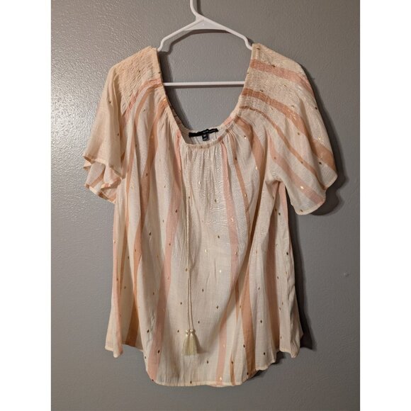 HARVÉ BENARD 2X Off Shoulder Top Blouse Pink Gold Foil Stripe Tassel - Picture 2 of 7